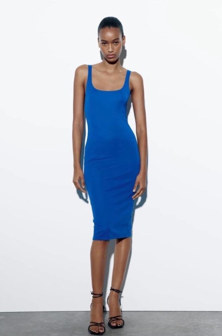 Zara Royal Cobalt Blue Knit Ribbed Midi Tank Dress Size Small